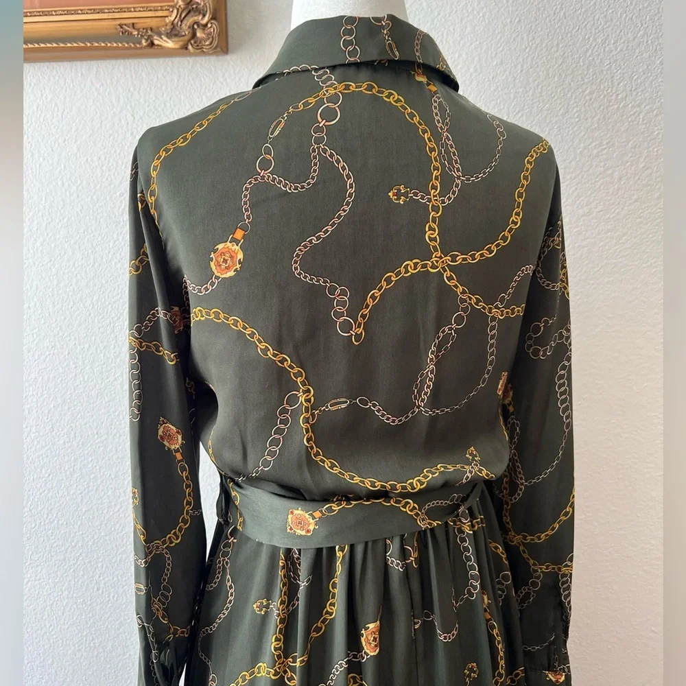 Mango Olive Green Chain-Print Midi Shirt Dress